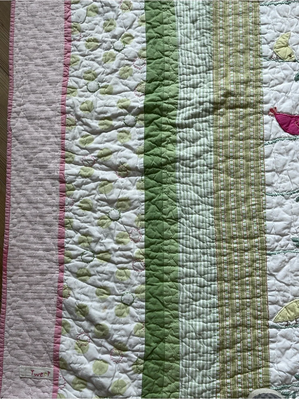 Pottery Barn Kids Tweet Bird Baby Quilt Pink Green 33" x 48" - Picture 7 of 12